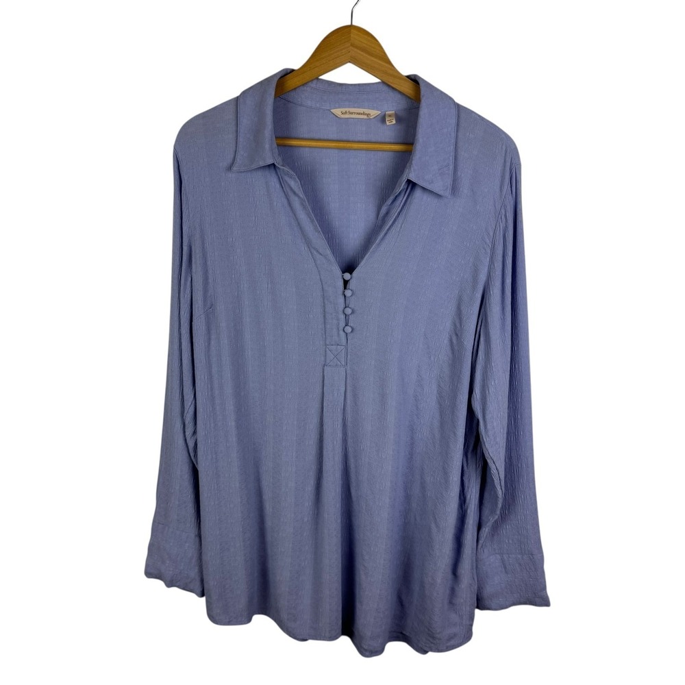 Soft Surroundings Textured Popover‎ Tunic Top Size XL Blue Long Sleeve Viscose